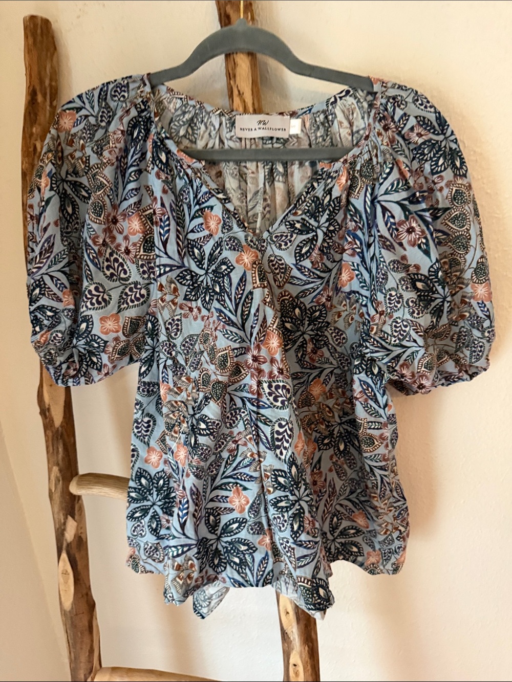 Never A Wallflower Blue Brown Floral Puff-Sleeve V-Neck Cotton Flowy Blouse S